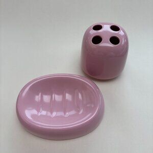 Retro Pink Ceramic Toothbrush + Soap Dish Set